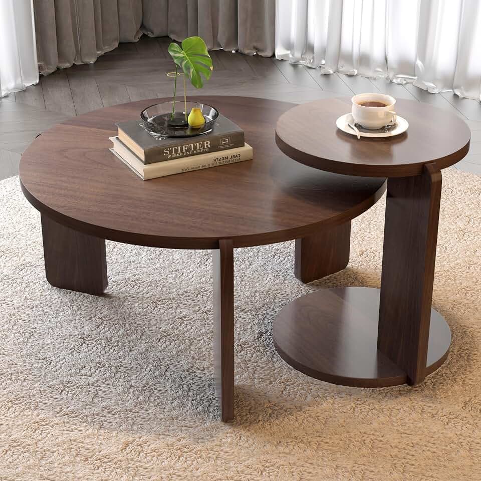 GDFStudio Round Nesting Coffee Table Set of 2, Modern Wooden Accent Side Table, Space Saving Small Circular Tea Coffee Tables & End Tables Sets for Living Room Small Space, Walnut (Veneer Top+MDF Leg)