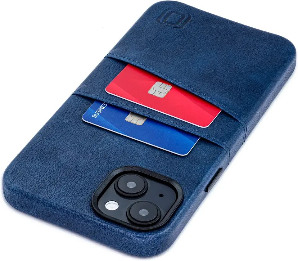 Dockem Kartenetui für iPhone 14 Plus mit Integrierter Metallplatte zur Magnetischen Befestigung & 2 Fächern: Exec M2 Premium Kunstleder Brieftasche Etui (iPhone 14 Plus, Marineblau)