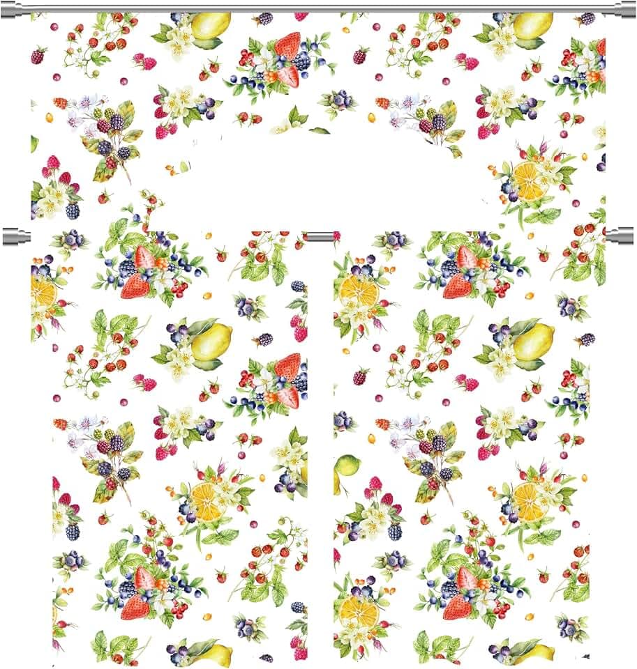 Violet Linen European Floral Botanical Berries Fruits Strawberry, Polyester Woven Printed Fabric, Multi, Decorative Window Treatment Rod Pocket Kitchen Window Curtain Panel Tiers and Swag Valance