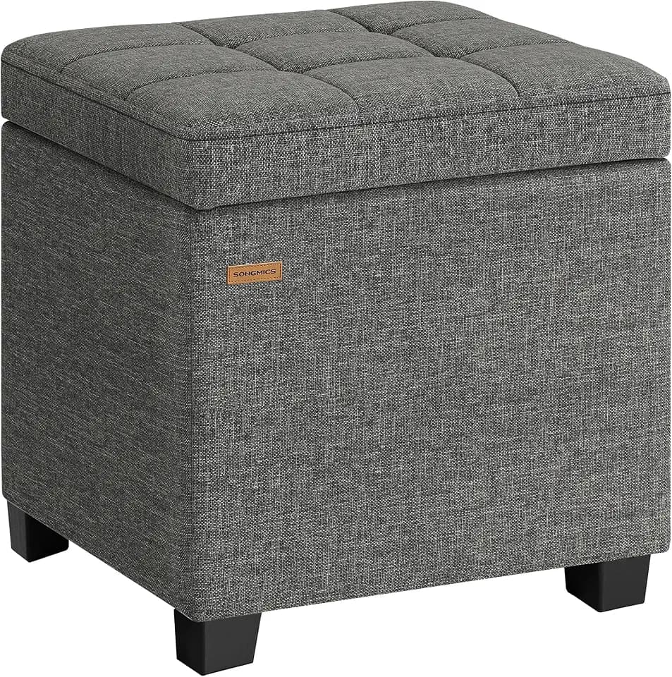 SONGMICS Square Storage Ottoman with Hinged Lid, 16.9 x 16.9 x 18.1 Inches