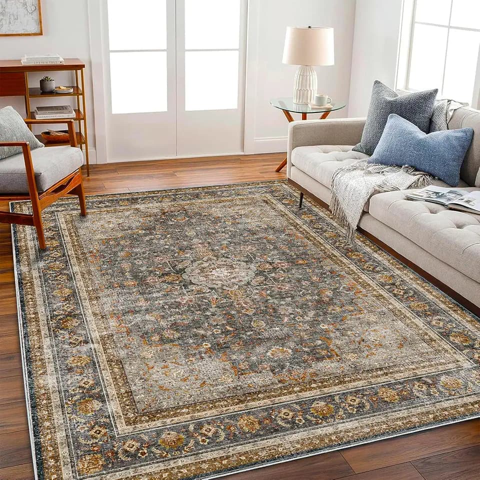CHAMPLANT Washable Area Rug 9'x12' Retro Boho Design Non-Shedding Easy Care Ideal for High Traffic Areas in Living Room Bedroom Office Coffee Table Kitchen Large Carpet