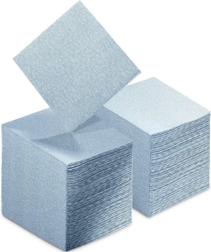 Disposable Cloth-Like Cocktail Napkins, 200 Pack 10" x 10" Linen-Feel Blue Denim Beverage Paper Napkins For Bar, Café, Wedding Or Party