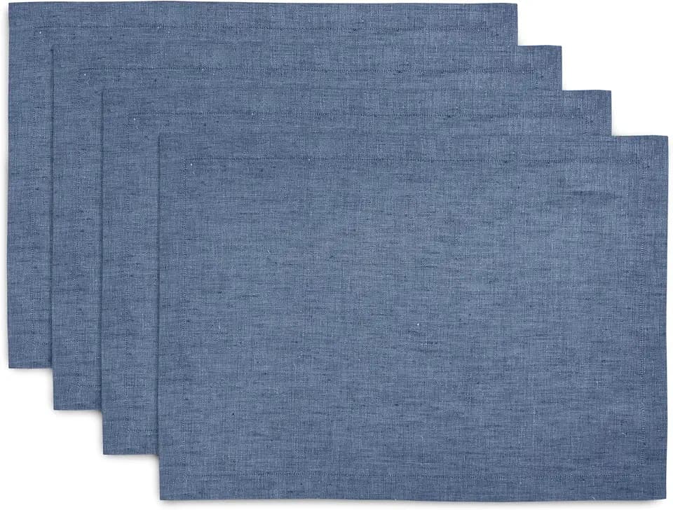 Solino Home 100% Linen Placemats Blue Denim, Athena 14 x 19 in, Set of 4