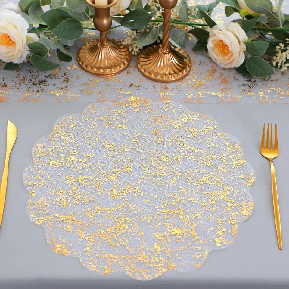 50 Pcs Gold Placemats Scalloped Round 13" Disposable Metallic Foil Charger