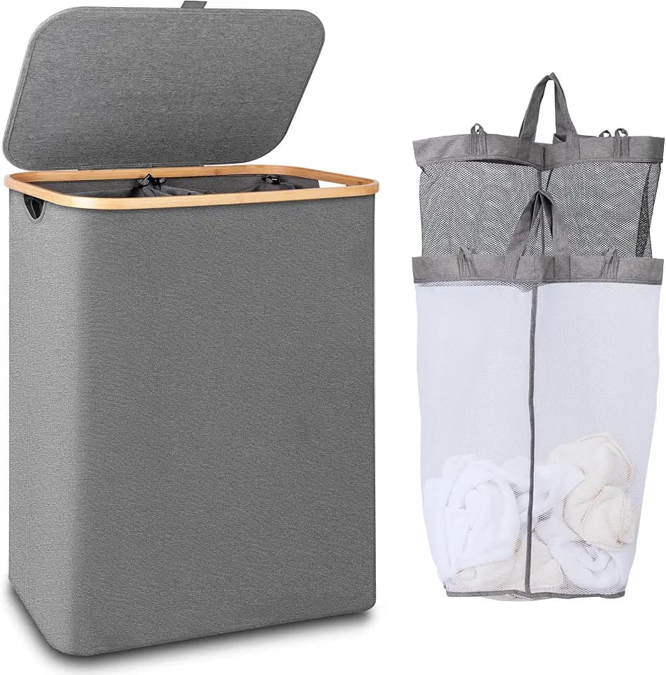 IEGrow Laundry Hamper with Lid,150L Laundry Basket with 2 Mesh Bags,Grey