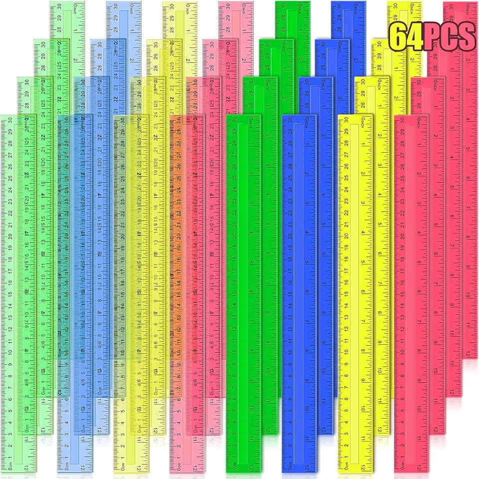 Ruler, 64 Packs 12 Inch Clear Plastic Rulers Bulk for Classroom, Transparent Assorted Color Ruler with Centimeters and Inches, Metric Rulers for Kids, Ideal Back to School Office Home Supplies