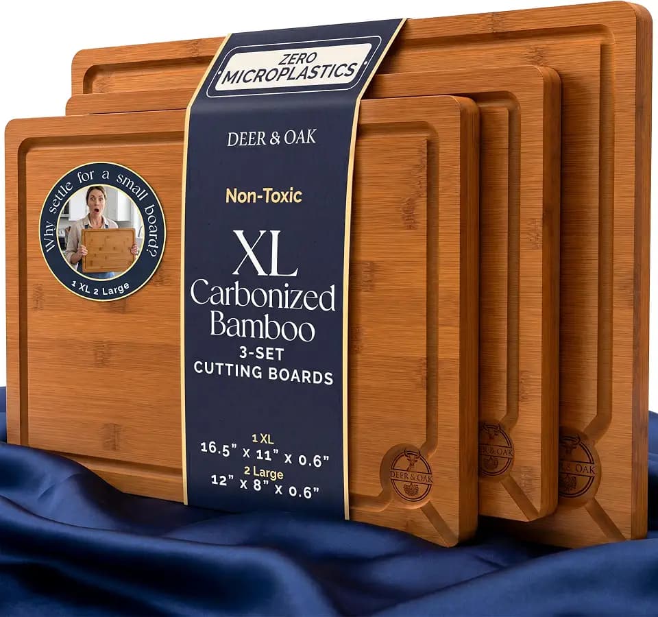 Pre-Oiled, Non Toxic 3-Piece Carbonized Bamboo Cutting Board Set