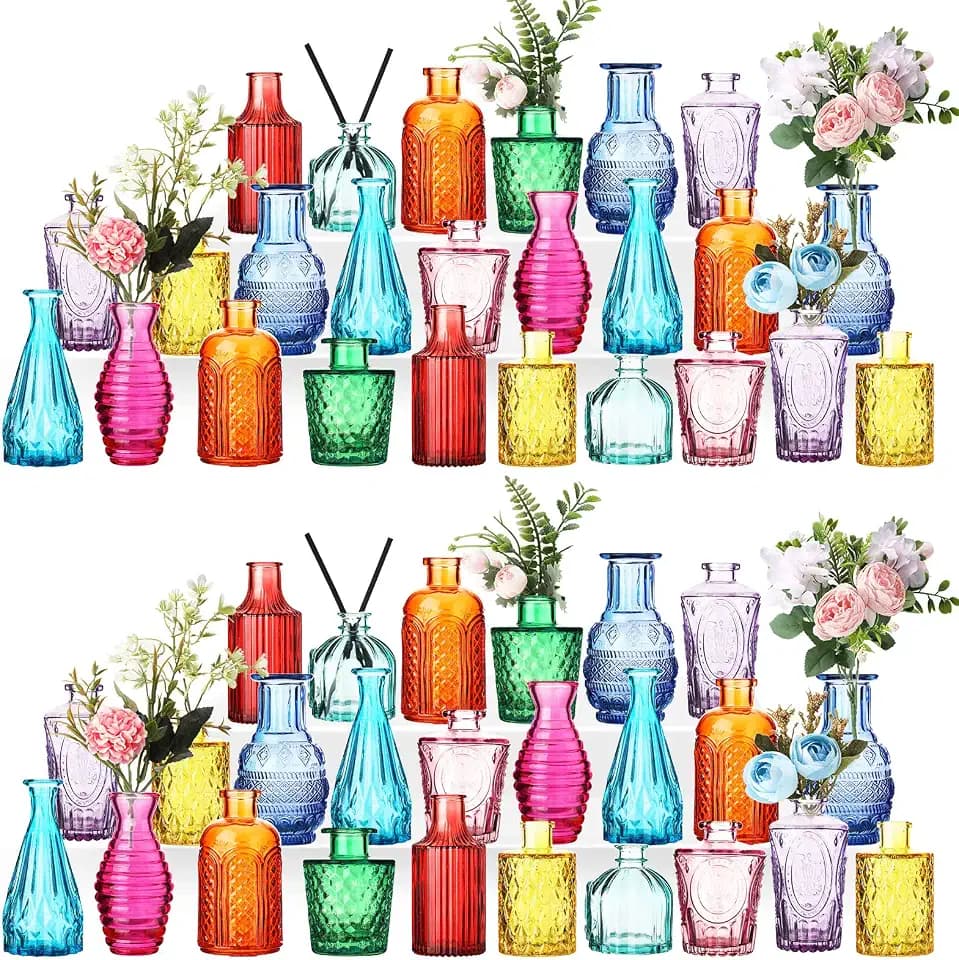 60 Pcs Colored Glass Bud Vases Small Vases for Flowers Vintage Embossed Vases in Bulk Mini Glass Bottles for Wedding Centerpieces Home Table Decoration