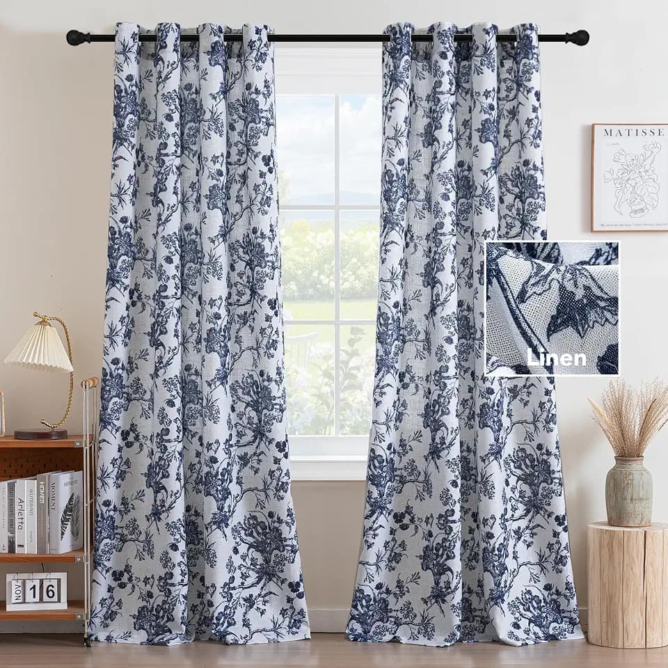H.VERSAILTEX Linen Blend Curtains for Living Room Printed Floral Curtain Grommet Farmhouse Flower Patterned Drapes Window Treatment Panels Set of 2 Panels, 52" W x 96" L, French Vintage Floral - Navy