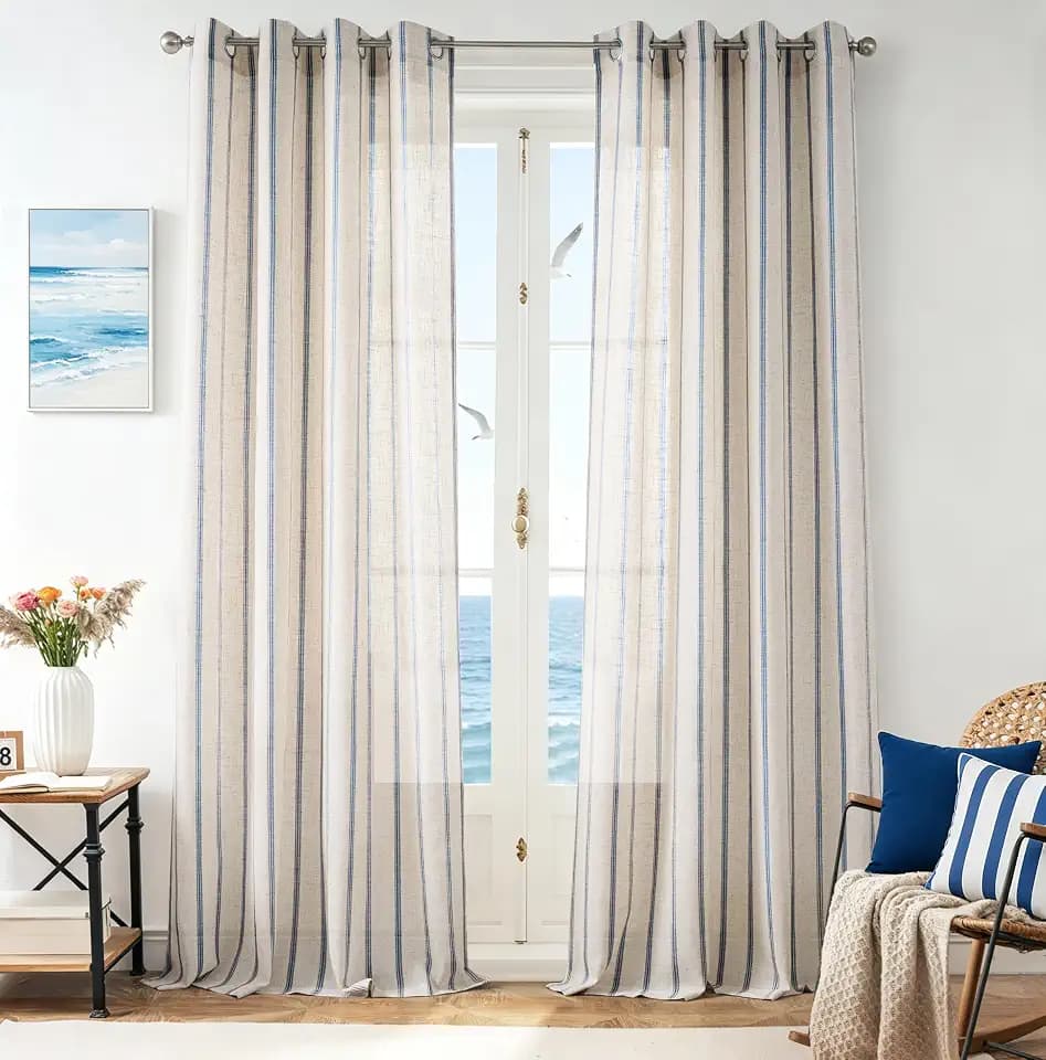 DriftAway Farmhouse Curtains for Living Room Vertical Striped Linen Curtains Semi Sheer Light Filtering Grommet Window Treatments, 102 Inches Long, 2 Panels, Pinstripe Navy on Beige