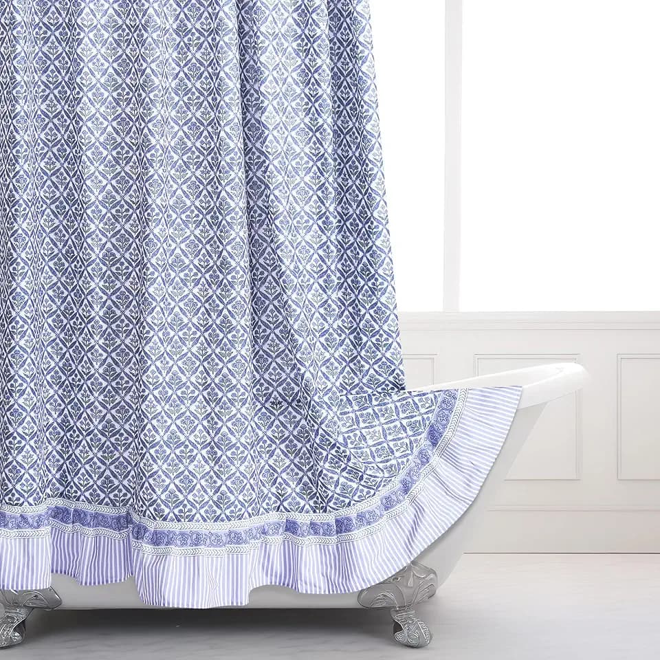 Mindsoft Vintage French Frog Toile Shower, Flower Blue, 72x72 Inch