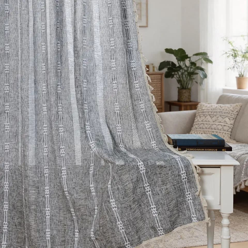 ColorBird Boho Curtains for Bedroom Living Room Linen-Textured Grey 63 Inch Length Farmhouse Light Filtering Neutral Embroidered Striped Linen Drapes 2 Panels Window Treatment
