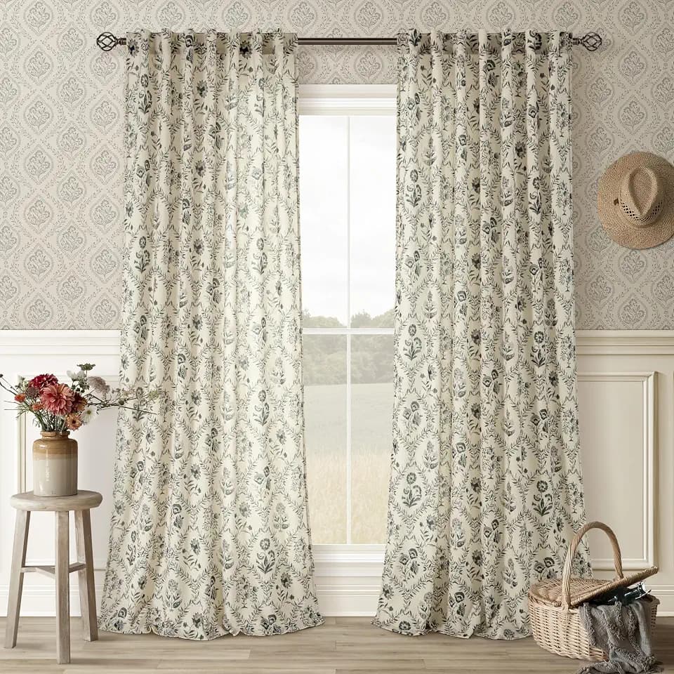 Floral Linen Curtains 108 Inch Length for Living Room Sage Charcoal