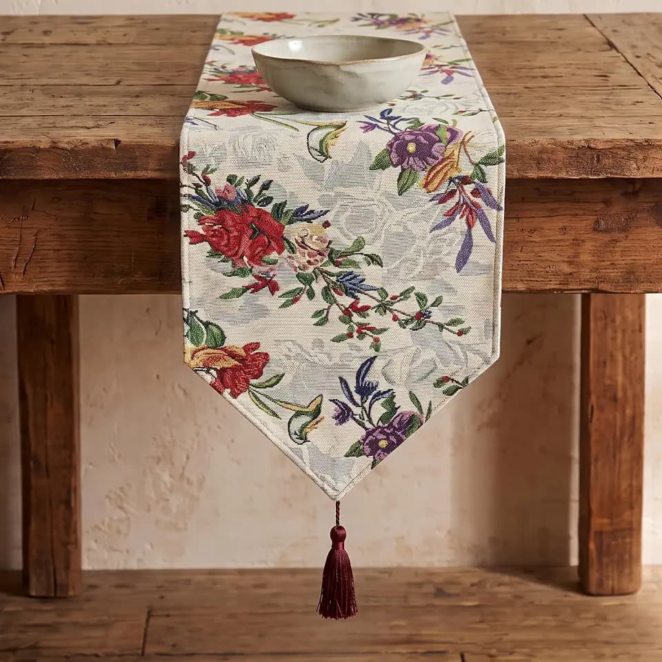 DaDa Bedding Floral Tapestry Table Runner with Tassels, 13 x 72, Multicolor