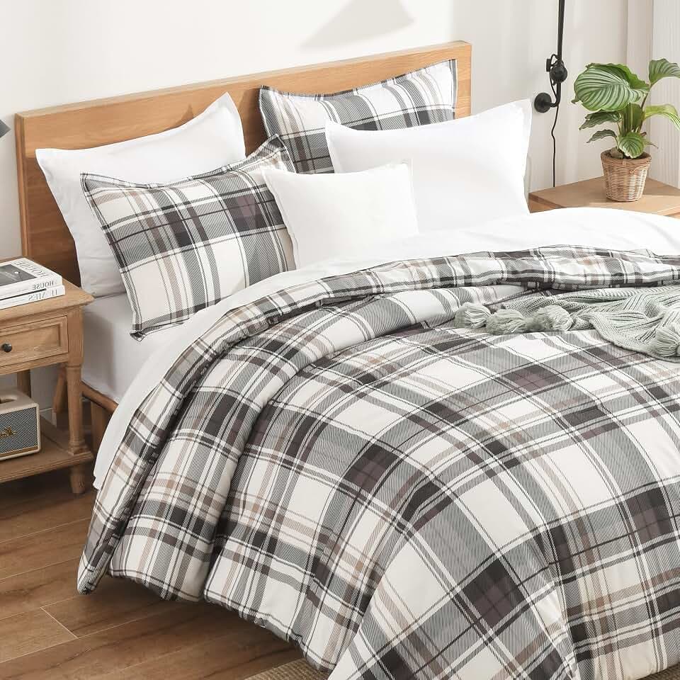 Andency Brown Plaid Comforter Set Twin, Gingham Checkered Grid Bedding Set