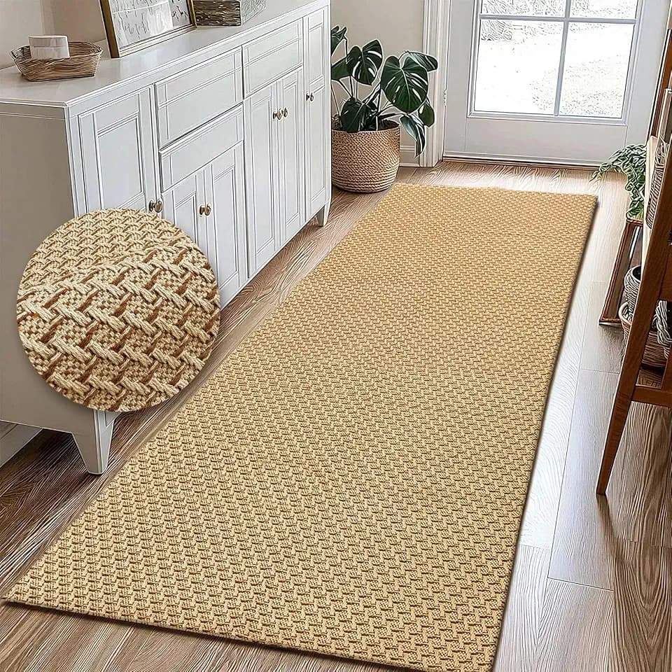 Braided Rug Faux Jute Entryway Rug 2' x 6' Non-Slip Backing Machine Washable Natural Boho Area Rugs for Bathroom, Bedroom, Living Room, Doormat, Farmhouse, Laundry, Kitchen, Dining Light Brown
