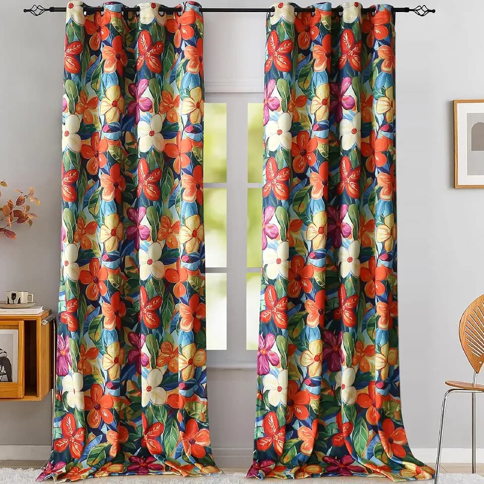 120 Inch Length Vibrant Blackout Floral Curtains for High Living Room with Tiebacks,Extra Long Orange Vivid Flower Patterned Colorful Drapes Custom 2 Panels Grommet 52Wx120L