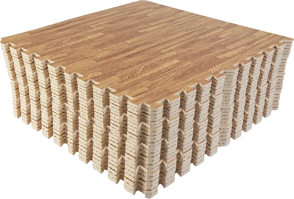 Foam Floor Tiles - 96sqft Wood Grain Interlocking Foam Tiles with Border - Foam Play Mat Playroom or Gym Flooring for Home Gym by Stalwart (Light)