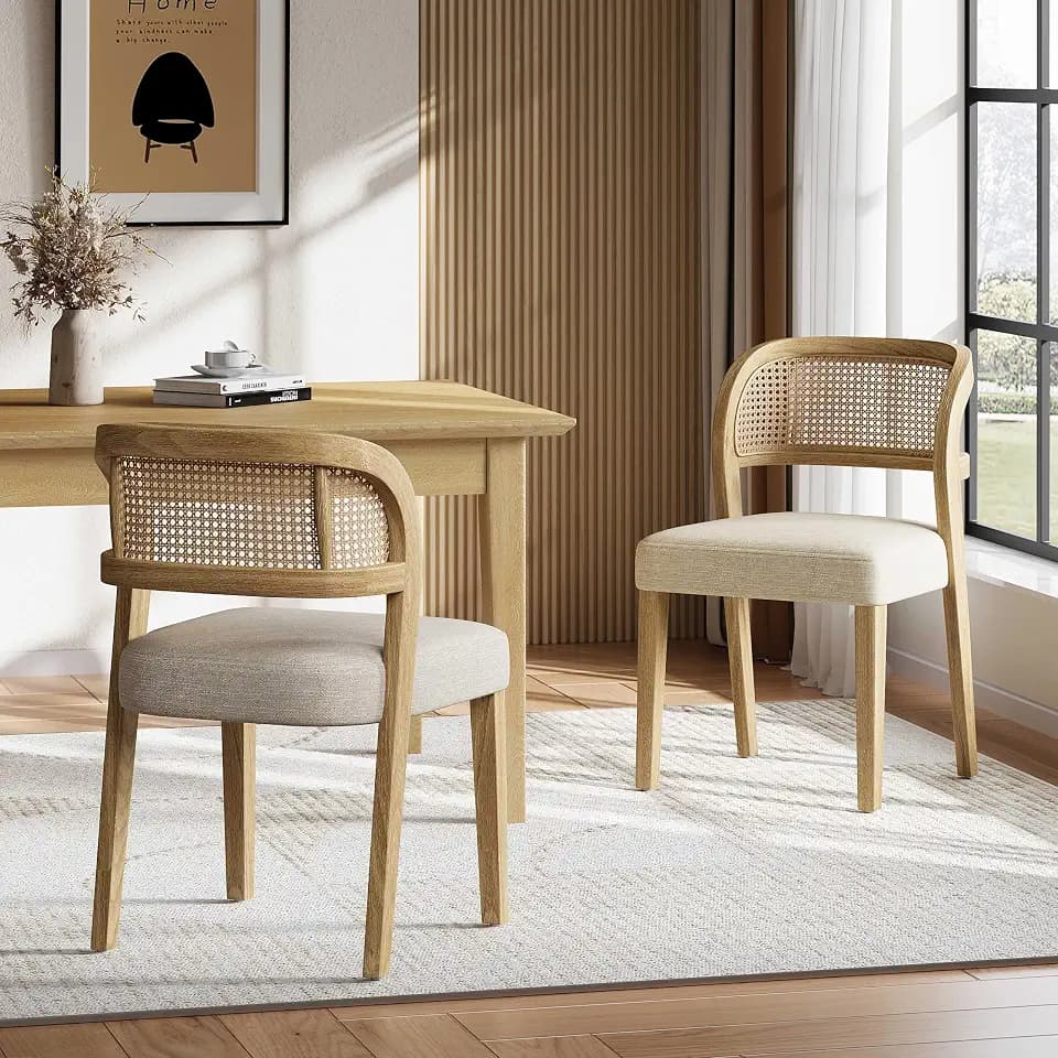 Christopher Knight Home Selwyn Dining Chairs Set of 2, Modern Dining Chair with Fabric Upholstery and Curved Back, Rubberwood Frame Kitchen Chairs with Cane Webbing, Accent Chairs, Beige+Natural