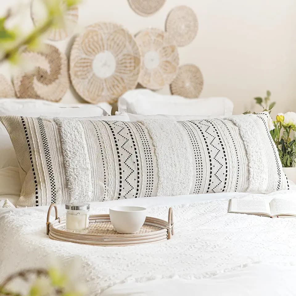 BlissBlush 20X54 Oversized Large Lumbar Pillow Cover for Bed, Rectangular Long Decorative Throw Pillowcase, Cotton Boho Accent Cushion with Black Tufted Pattern and Tassels, Cream Neutral (Cover Only)
