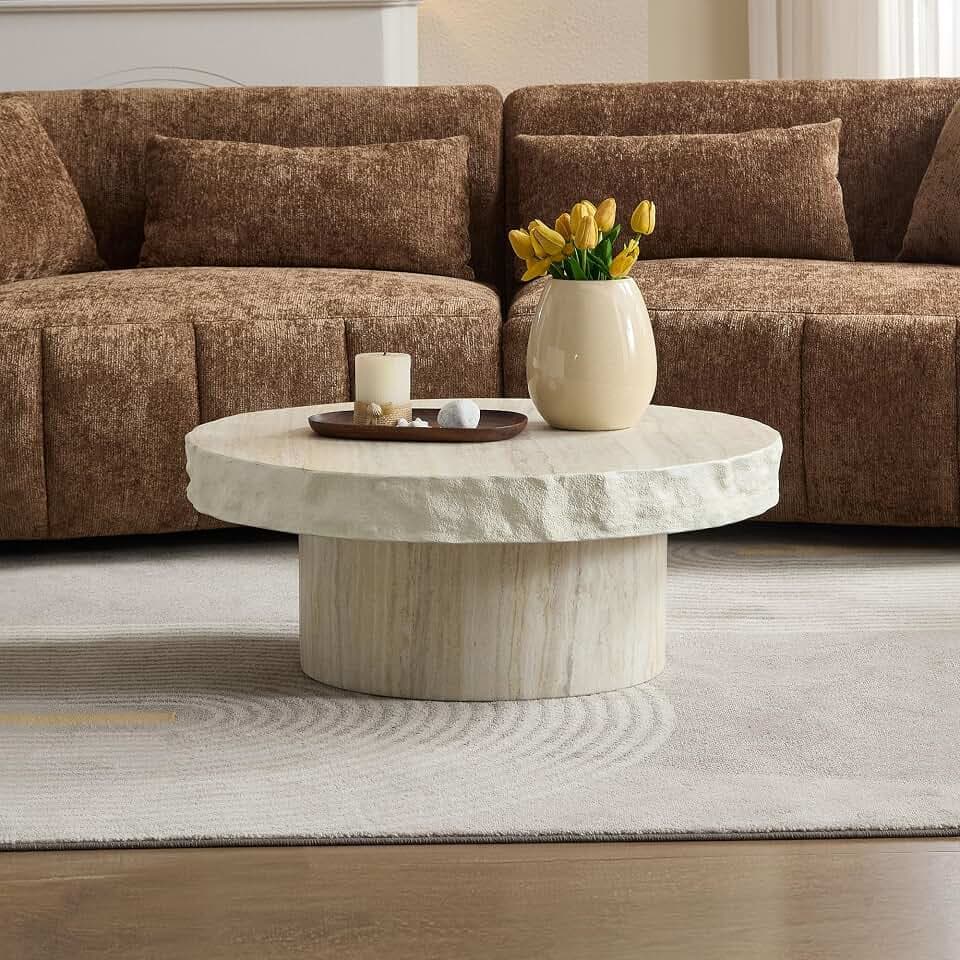 KEIKI 32" Faux Mars Textural Patterns Round Fiberglass Coffee Table with Sturdy Pedestal, Modern Style Coffee Table, No Assembly Required, for Apartment, Living Room, Bedroom, Reception Room, Beige