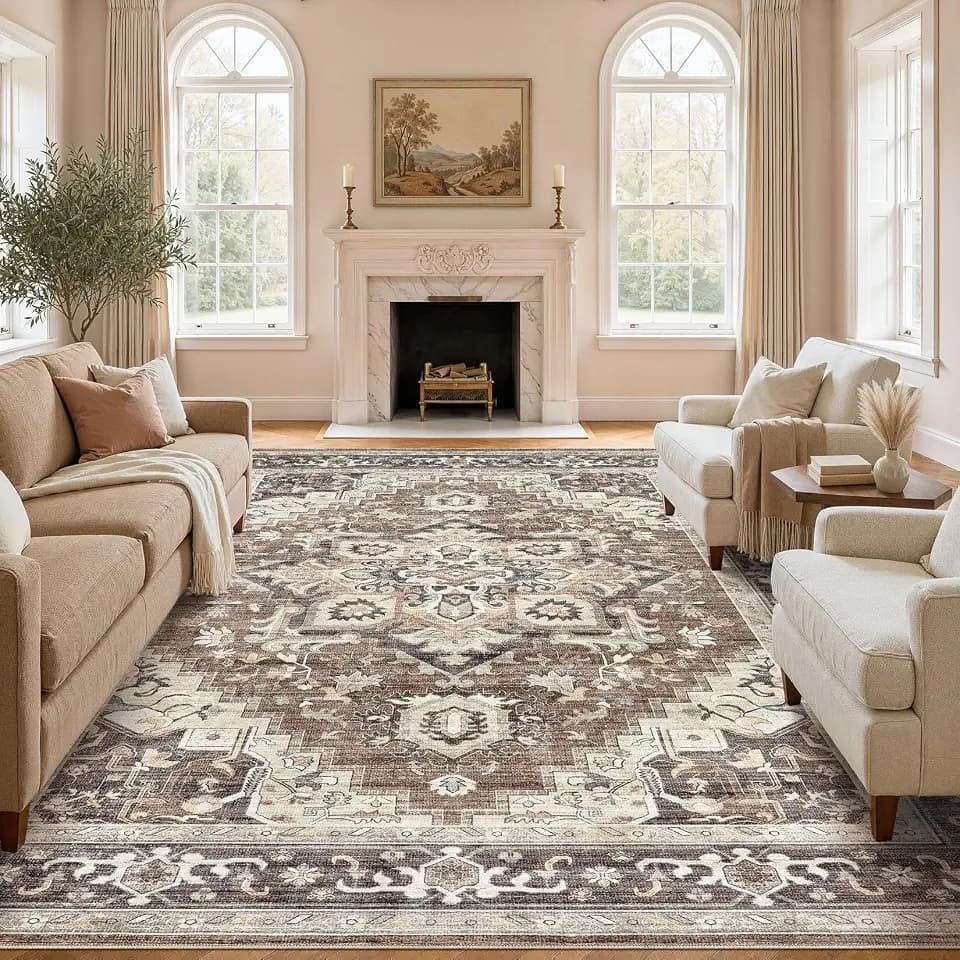 DTICON Vintage Washable 8x10 Area Rug Living Room Rugs, Dark Brown