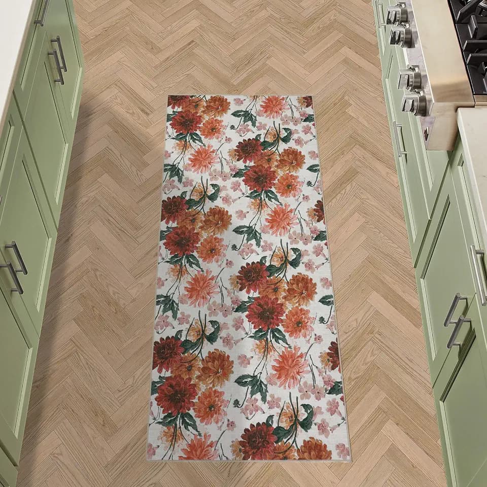 Laura Ashley Beige Dahlias Floral Machine Washable & Slip Resistant 26" x 60" Runner Rug
