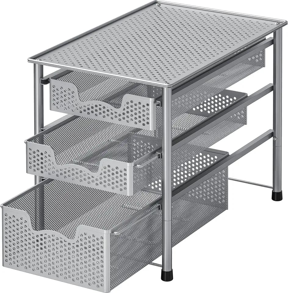Simple Houseware Stackable 3 Tier Sliding Basket Organizer Drawer, Silver