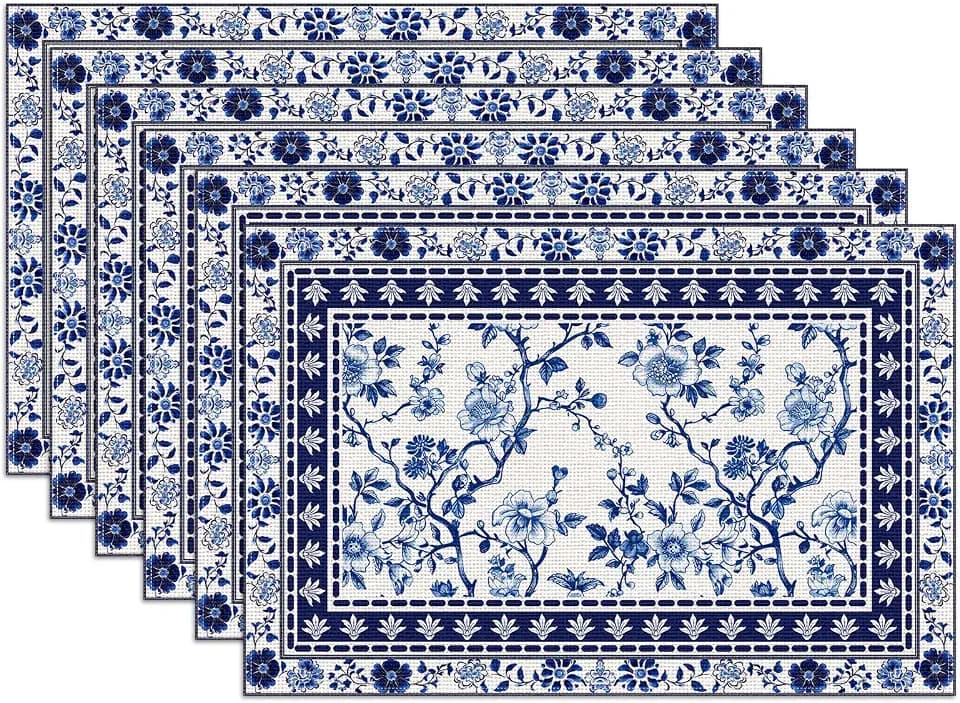 Blue White Floral Placemats Set of 6, Chinoiserie Flower Linen Place Mat Washable Stain Resistant Table Mats for Farmhouse Kitchen Dining 12x18 Inch