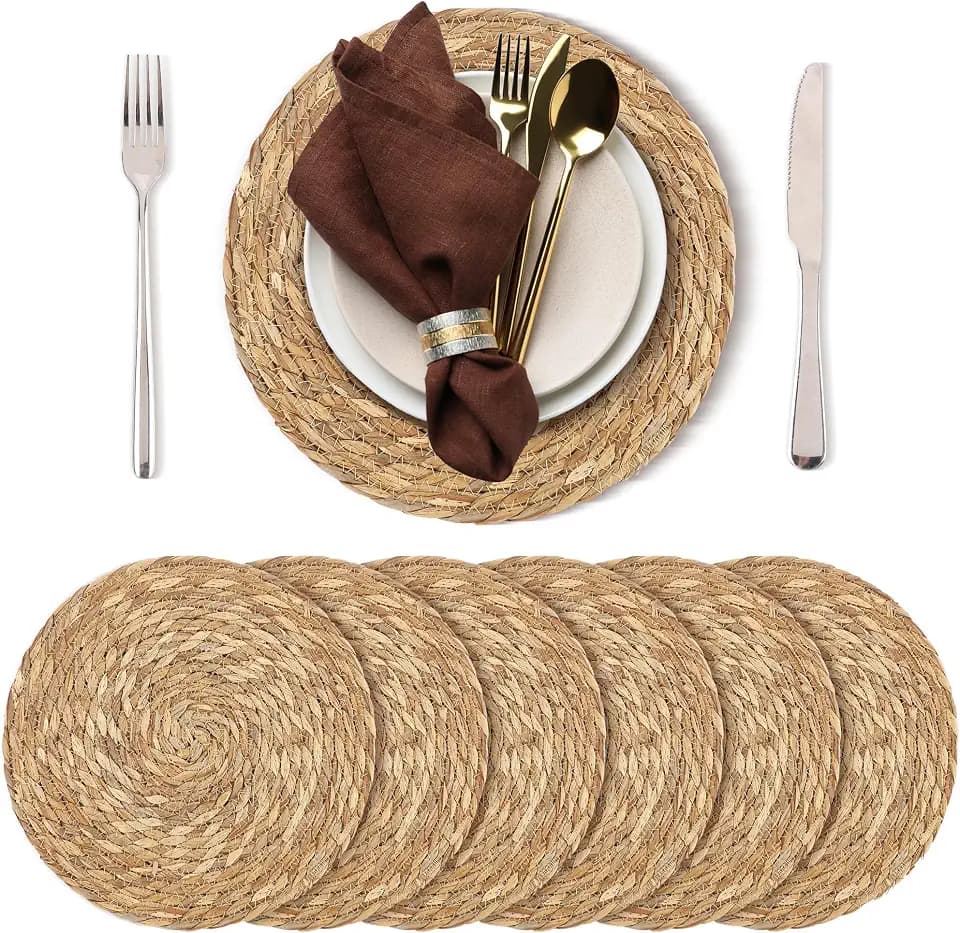 Kochorie 6 Pcs Round Woven Placemats 12 Inch Rattan Table Charger Plates