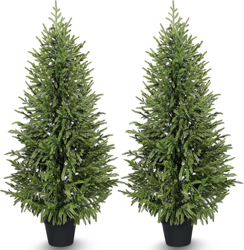 4ft 2Pack Artificial Cedar Topiary Trees 2 Pack,Real Touch Cedar Tree Faux Plants Potted UV Resistant Evergreen Tree for Outdoor Indoor Door Garden Farmhouse Home Decoration