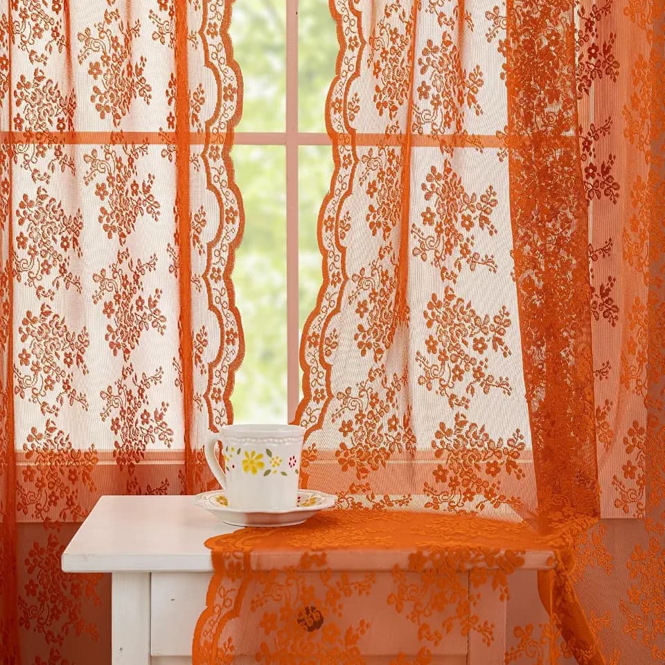YJ YANJUN Vintage Lace Curtains 96 Inches Long- Rust Floral Terracotta Bay Window Curtains for Bedroom Living Room Rod Pocket Light Filtering 8 FT Farmhouse Boho Fall Decor 2 Panels 52Wx96L Orange