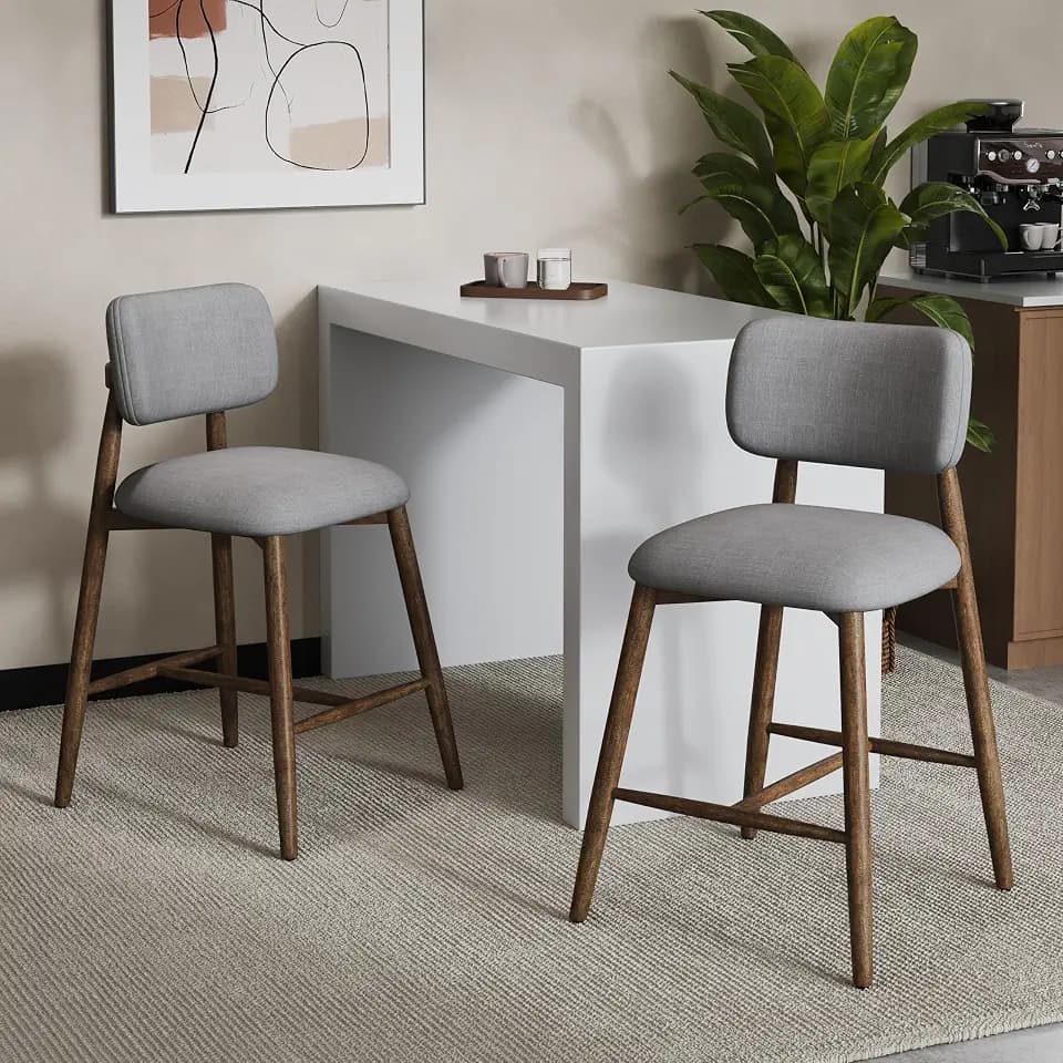 Merax Counter Height Bar Stools Set of 2, Modern Rubberwood Barstools with Curved Padded Backrest, Beige Upholstery, Rustic Bar Chairs, 25.8" Seat Height Stools for Kitchen Island & Home Bar