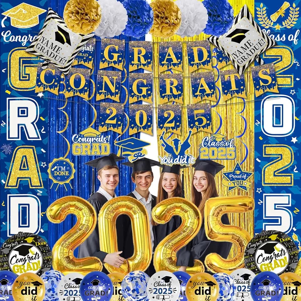 59Pcs Graduation Party Decorations Class of 2025, Blue and Gold Graduation Decorations with Door Banner Fringe Foil Curtain Paper Pompoms, Balloons for High School College Grad Party Supplies