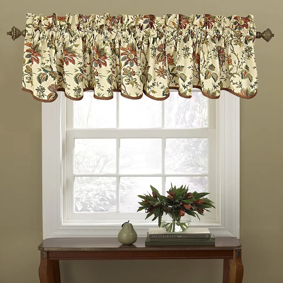 Waverly Felicite Floral Pattern with Grimp Trim Window Valance Curtains, 50" x 15", Creme