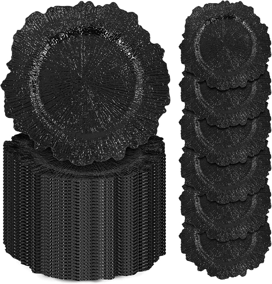 50 Pcs Black Charger Plates Bulk, 13" Reef Plate Chargers