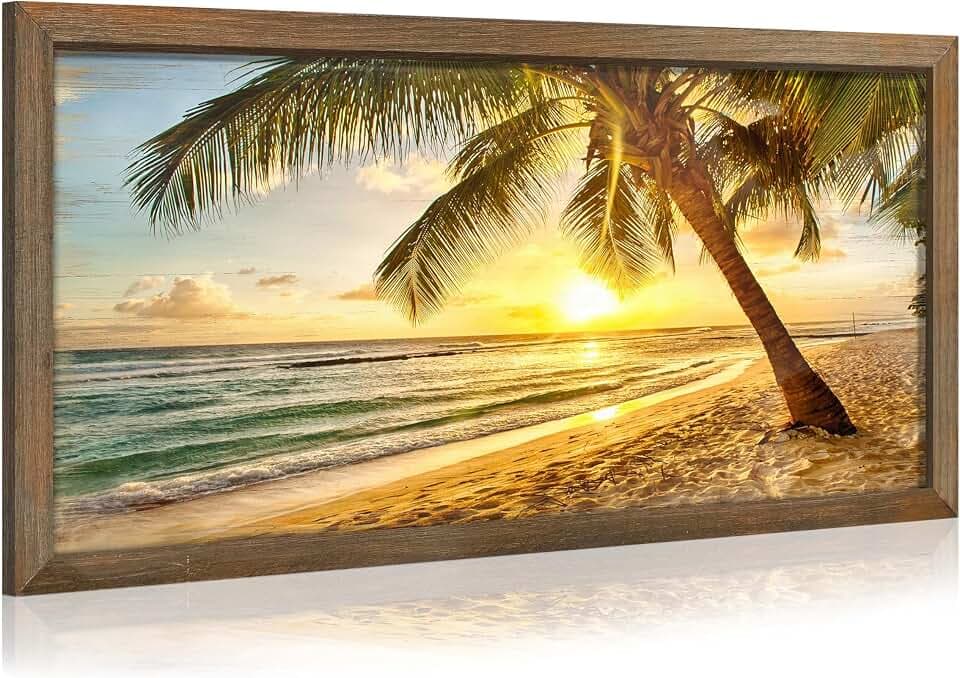 WALLSUP DECOR Beach Sunset Wooden Wall Art: Coastal Palm Tree Picture Golden Seascape Painting Tropical Ocean Prints Artwork for Bedroom Bathroom Living Room