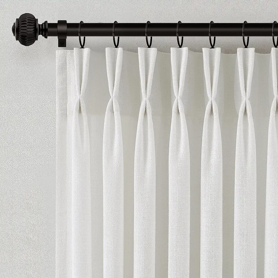 80 Inch Long Pinch Pleated Linen Curtains Beige White Semi Sheer 2 Panels