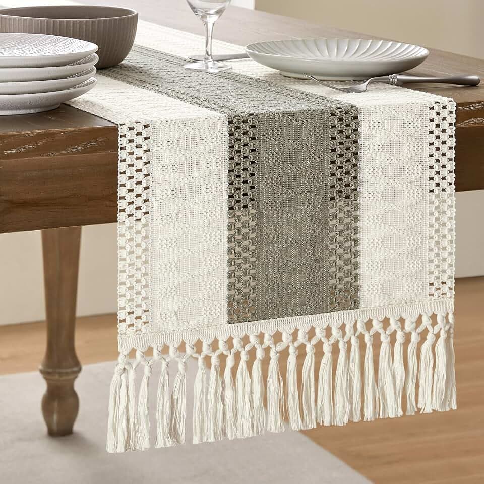 ZeeMart Macrame Style Bicolor Stitching Table Runner 14x108in Dark Sage