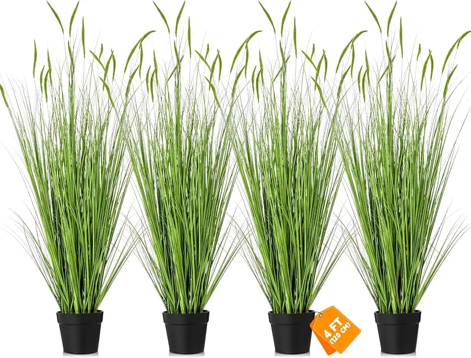 Jexine 4 Pieces 4 ft Tall Artificial Grass Plants Fake Horsetail Reed Grass Plant with Green Spikes Potted Faux Greenery Floor Plants for Housewarming Gift House Garden Lobby Outdoor