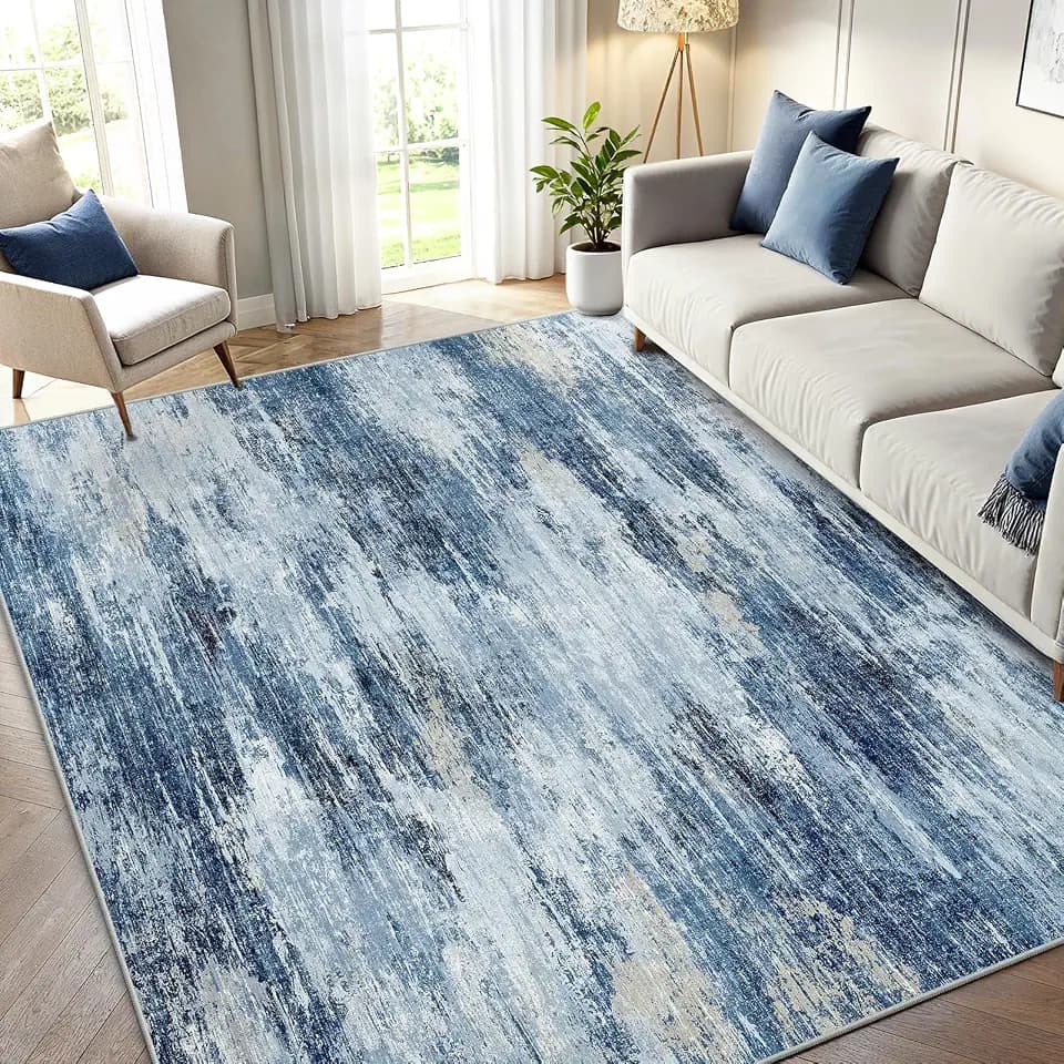 5x7 Area Rug Living Room, Modern Washable Indoor Carpet Blue