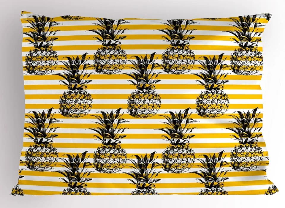 Ambesonne Grunge Pillow Sham, Retro Striped Background with Pineapple Vintage Hippie Graphic, Decorative Standard Queen Size Printed Pillowcase, 30" X 20", Black Yellow