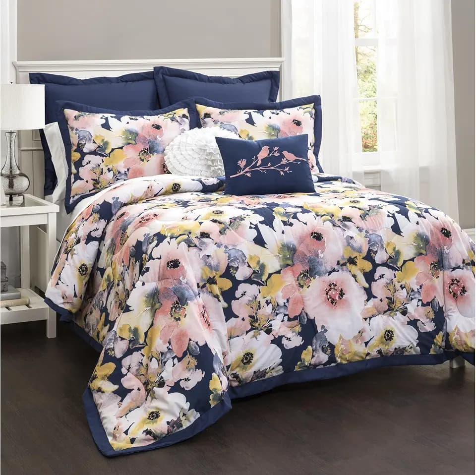Lush Decor Floral Watercolor 7 Piece Comforter Set, Full Queen, Blue and Pink