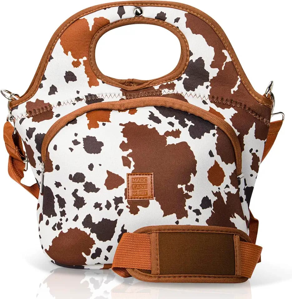 Made Easy Kit Large Insulated Lunch Tote Bag – Stylish Neoprene Carrier Foil Lining, Front Zipper Pocket & Shoulder Strap – Machine Washable, Lightweight, Travel Ready (Brown White Cow)