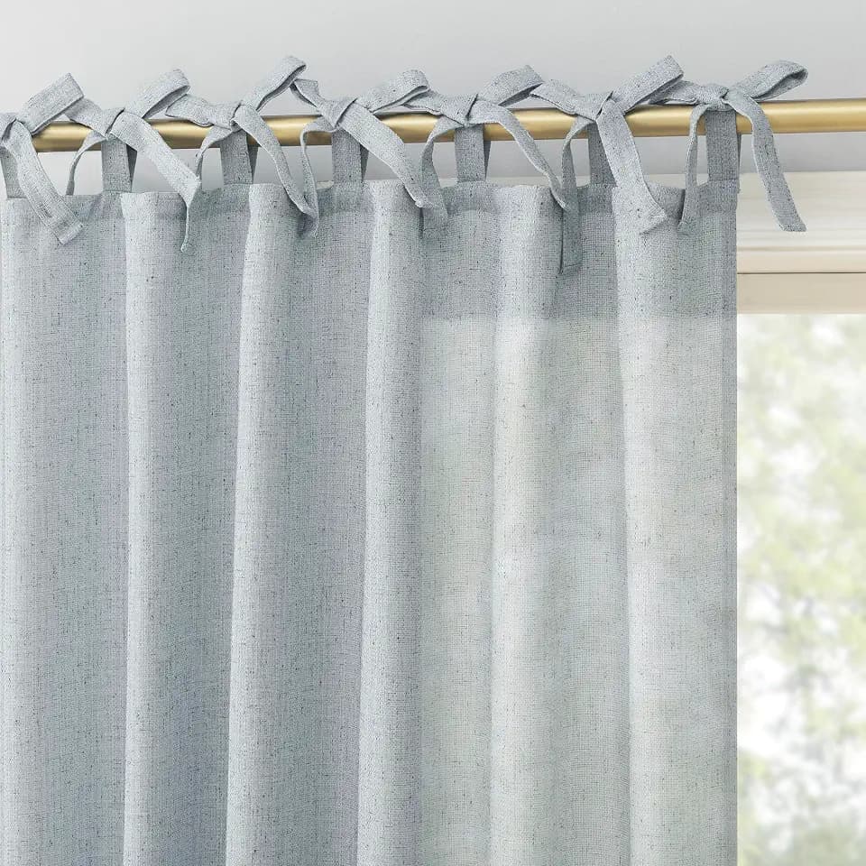 Sun Zero Generation Roxy Dorm Curtain Slub Texture Tacked Bow Semi-Sheer Tie Top Curtain Panel, 50" x 63", Faded Blue