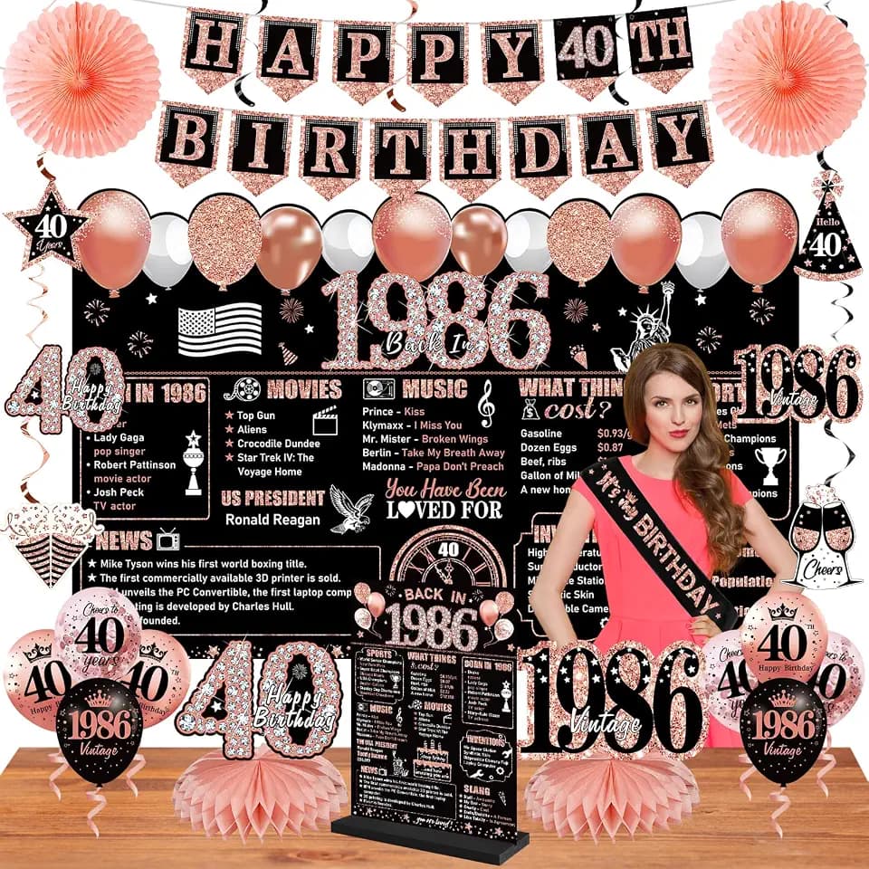 40th Birthday Decorations for Women, Black Rose Gold 25Pcs