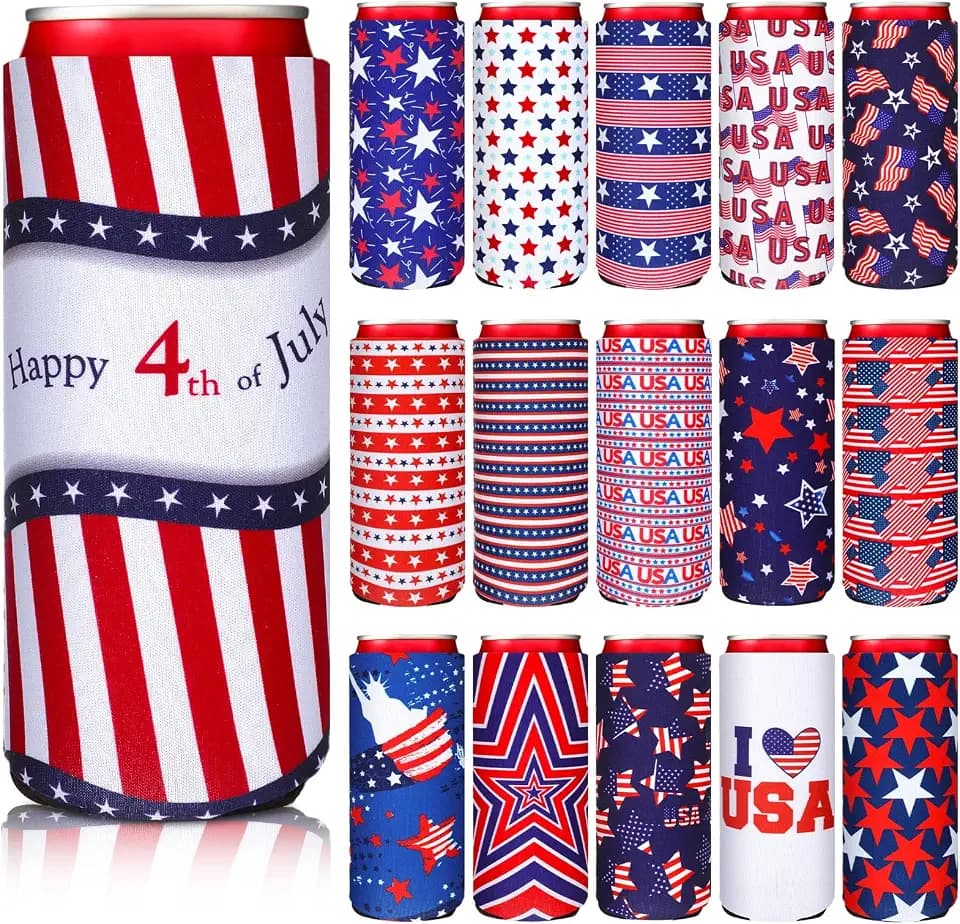 Pickmesh 16 Pcs 4th of July Patriotic Can Cooler Sleeves 12oz 250th Anniversary Slim Can Cover I Love USA Neoprene Bottle Holder American Flag Insulated Drink Cover for Beverage Holiday Party Supplies