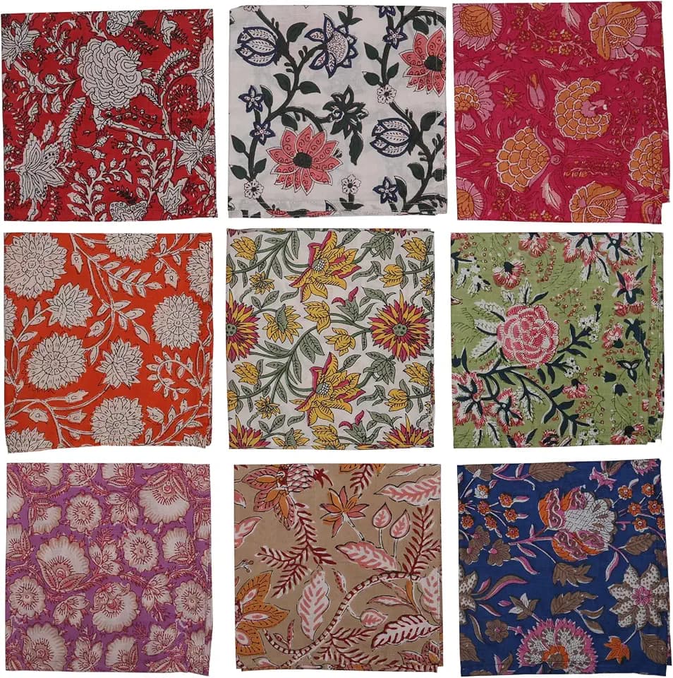 Marubhumi 10 Pc Cotton Cloth Napkins- Hand Block Print, Eco-Friendly, Dinner Napkins, Floral,Hand Made Size 16x16 Inch Printed Home Decor Multicolored