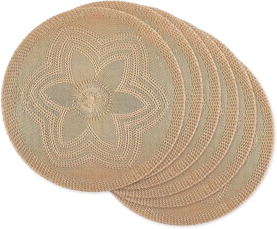 DII Woven Collection Round Braided Floral Placemat Set, 15", Stone, 6 Piece