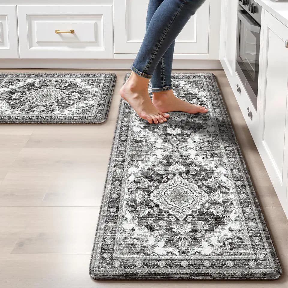 Boho Kitchen Mats for Floor 2PC Anti Fatigue Kitchen Rugs, Dark Grey
